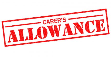 A 'carers allowance' icon in the style of a stamp print in red.